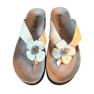 Mephisto Womens Leather Flower Sandals White Patent Leather